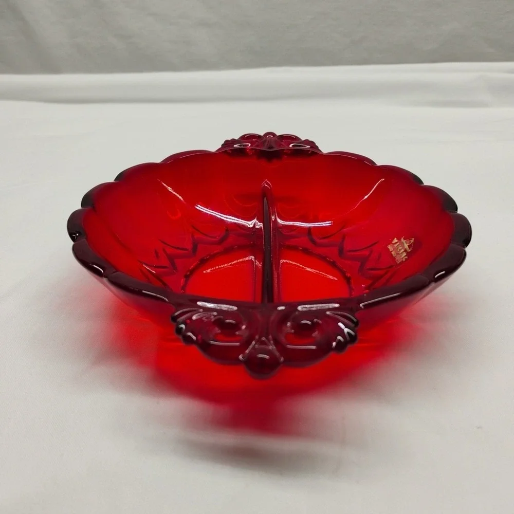 Viking Glass Red Ruby Sectioned Candy‎ Trinket Dish Bowl Original Sticker